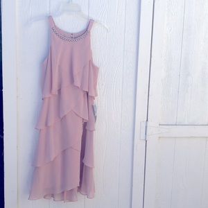 Elegant special event party mauve dress w/ beaded neckline, 8 tiered ruffles
